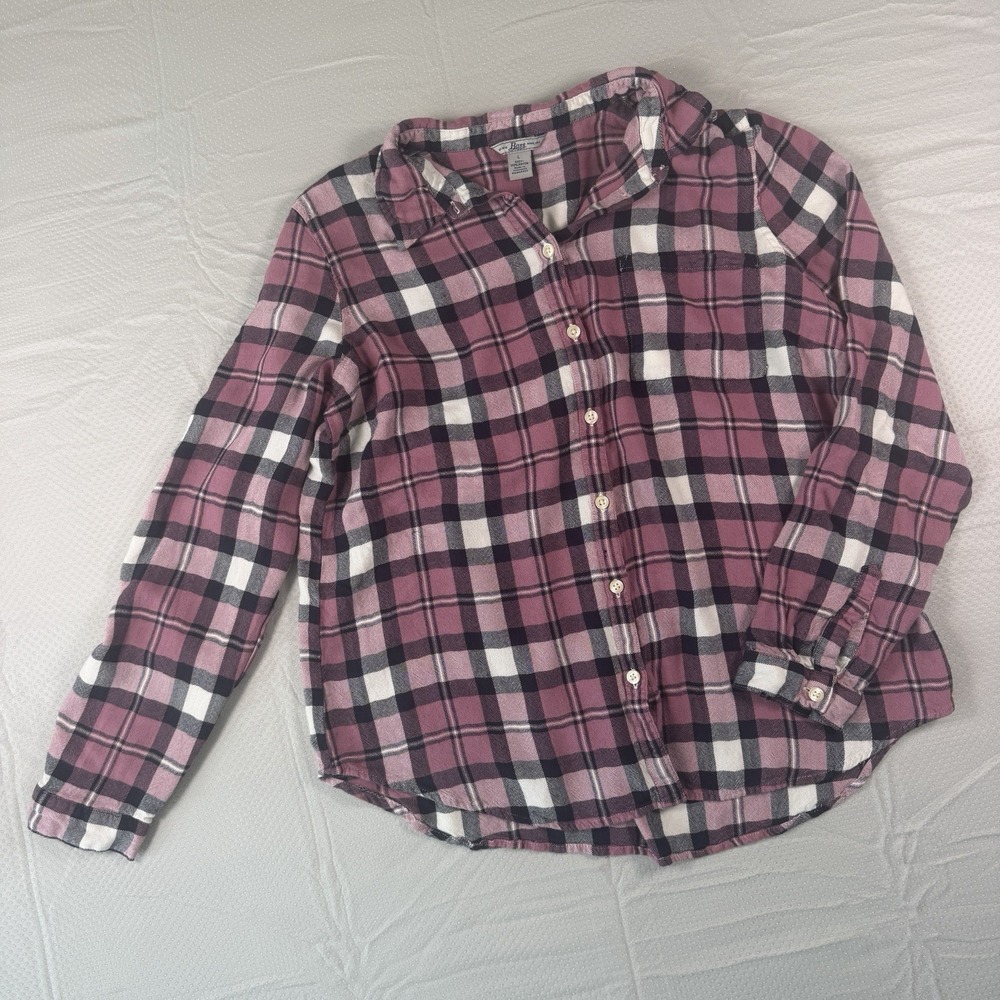Bass Womens Large Red Pink Plaid Button Down Shirt Long Sleeve Rayon Flannel